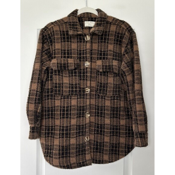 Z Supply Jackets & Blazers - Z Supply XS Brown Black Plaid Soft Sweater Knit Tucker Oversized Shacket Jacket